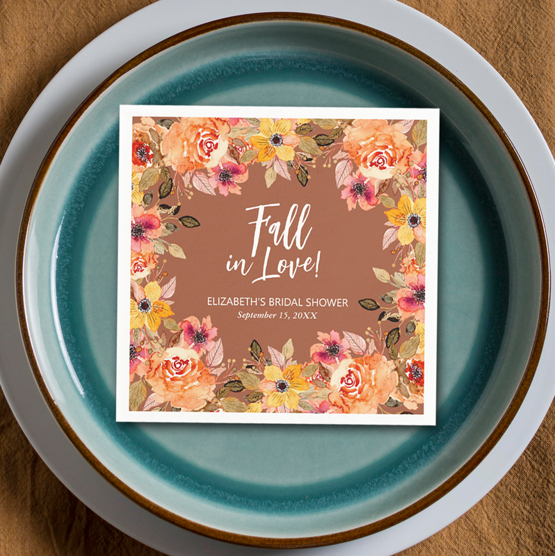 Fall in Love Autumn Flowers on Terracotta Napkins