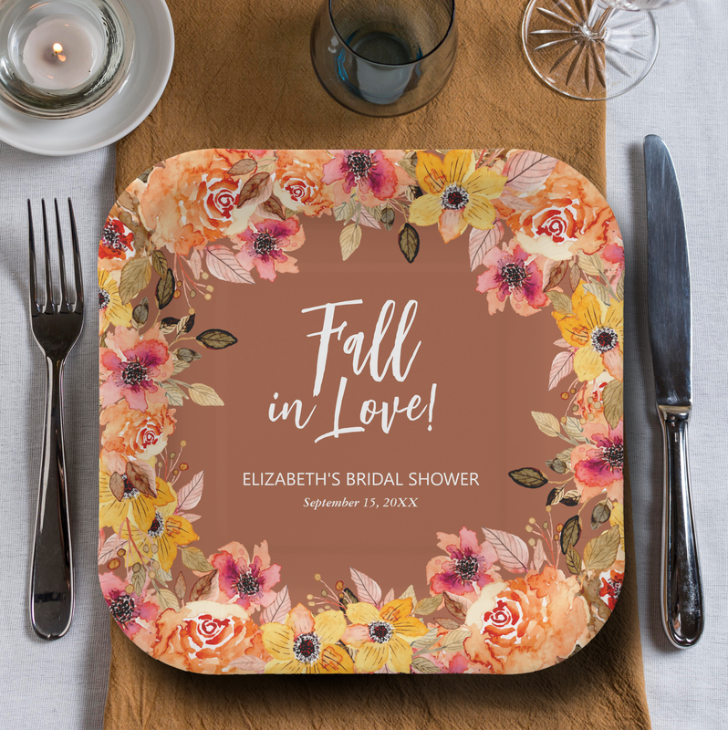 Fall in Love Autumn Flowers on Terracotta Paper Plates