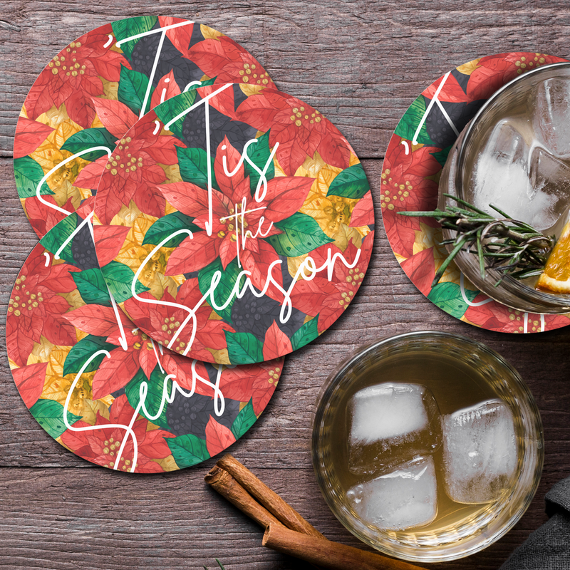 Tis the Season Poinsettia Christmas Holiday Round Paper Coasters