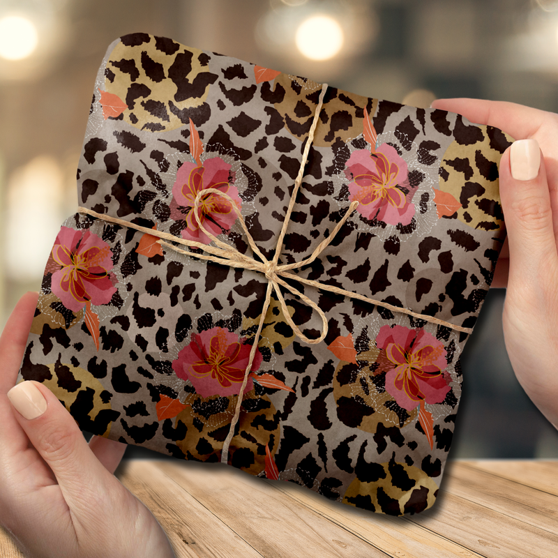 Exotic Leopard Animal Print and Pink Flowers Tissue Paper