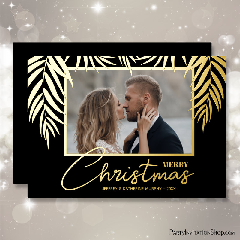 Real Gold Foil Merry Christmas Photo Black Holiday Cards with Palm Fronds