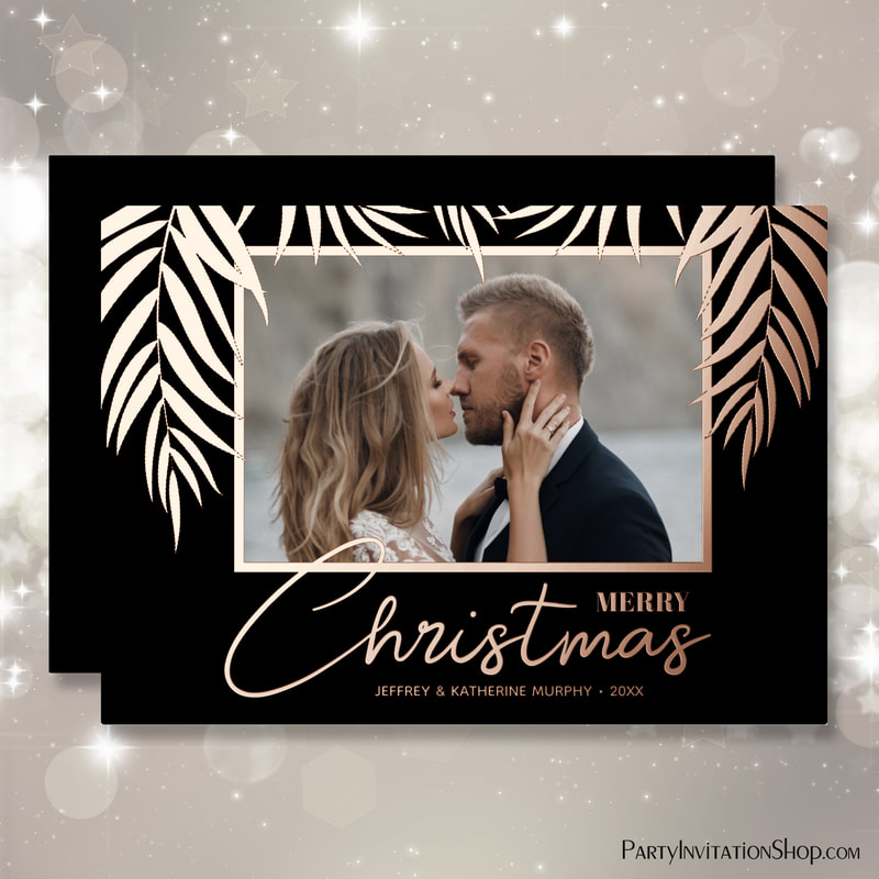 Real Rose Gold Foil Merry Christmas Photo Black Holiday Cards with Palm Fronds