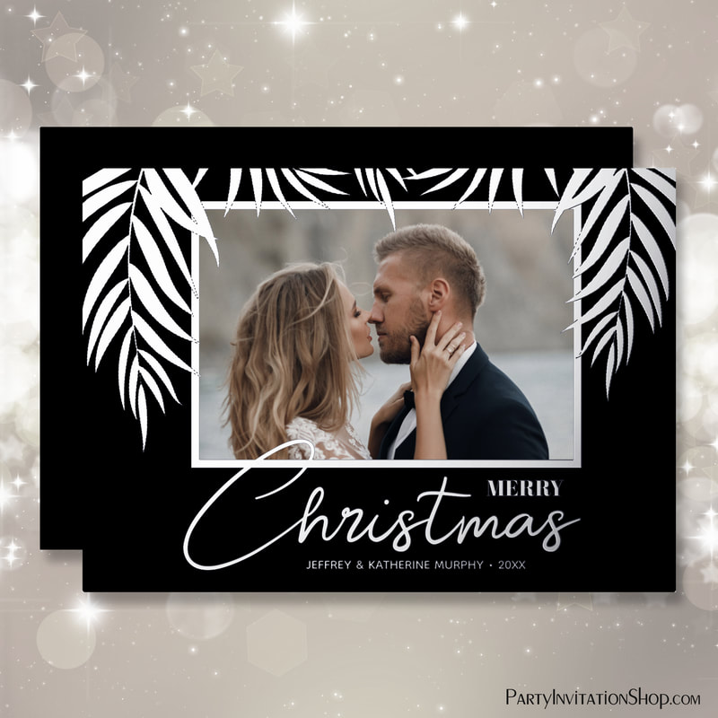 Real Silver Foil Merry Christmas Photo Black Holiday Cards with Palm Fronds