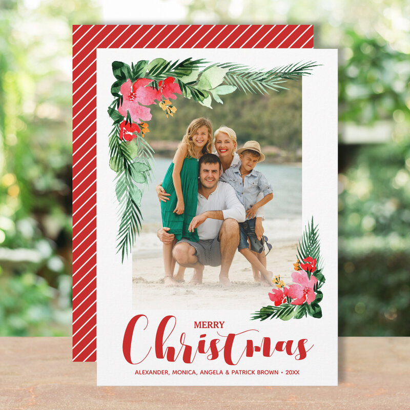Tropical Floral Watercolor Christmas Photo Holiday Cards