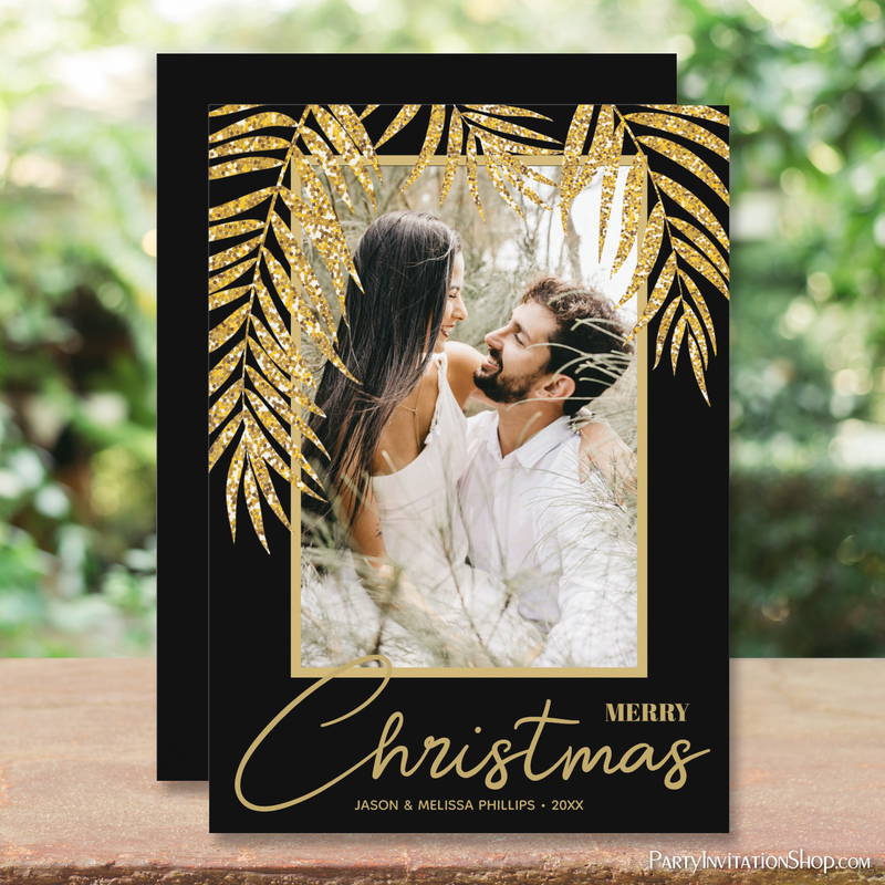 Tropical Gold Palms on Black Christmas Photo Holiday Cards