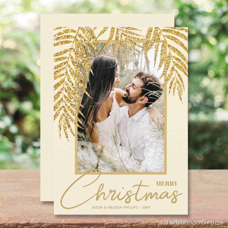 Tropical Gold Palms on Cream Christmas Photo Holiday Cards