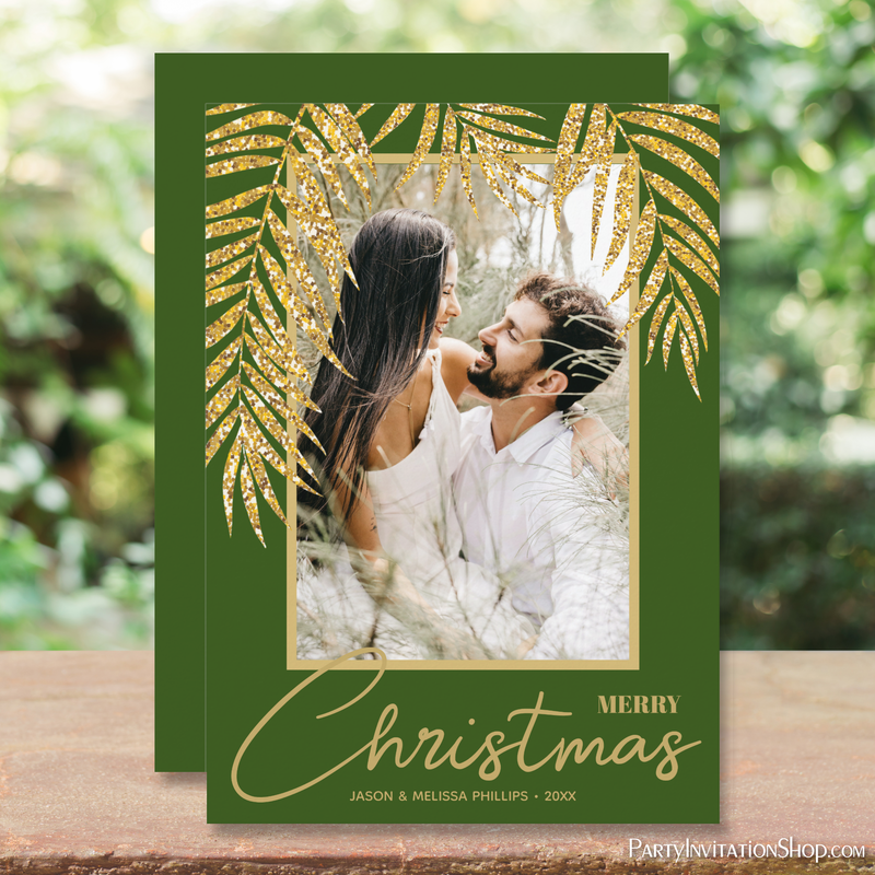 Tropical Gold Palms on Green Christmas Photo Holiday Cards