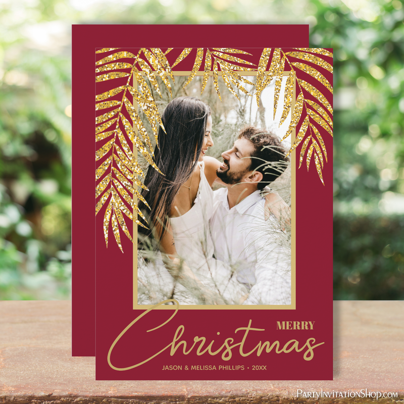 Tropical Gold Palms Christmas Photo Cranberry Red Holiday Cards
