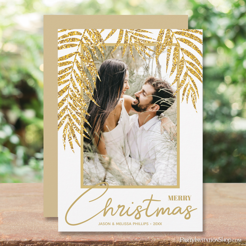 Tropical Gold and White Palms Christmas Photo Holiday Cards