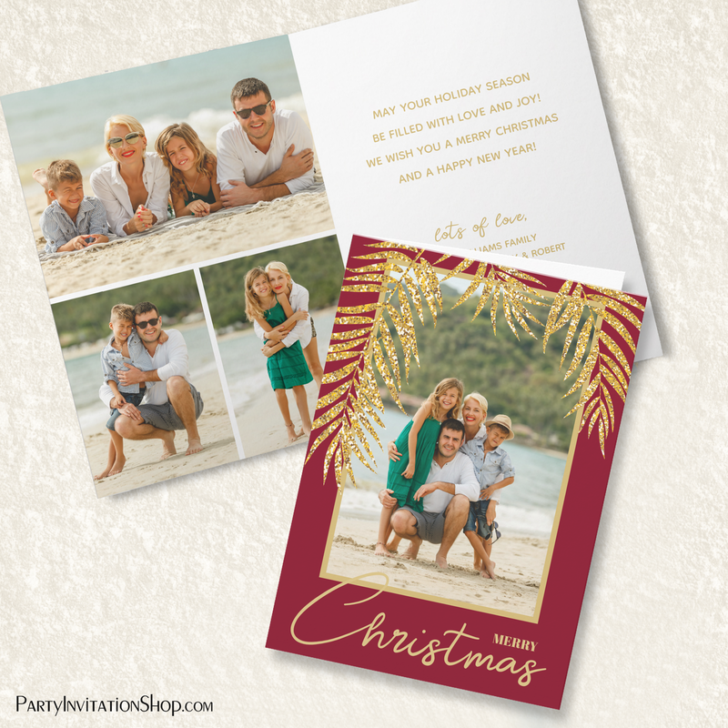 Multi Photo Tropical Palms Red Folded Christmas Holiday Cards