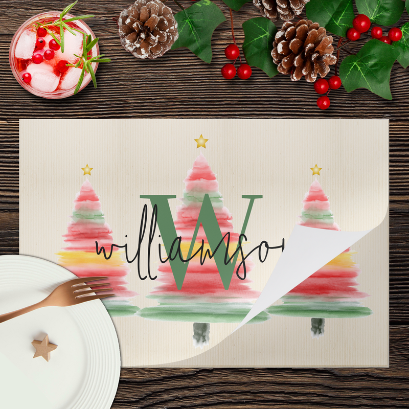 Family Monogram Watercolor Christmas Tree Paper Placemats