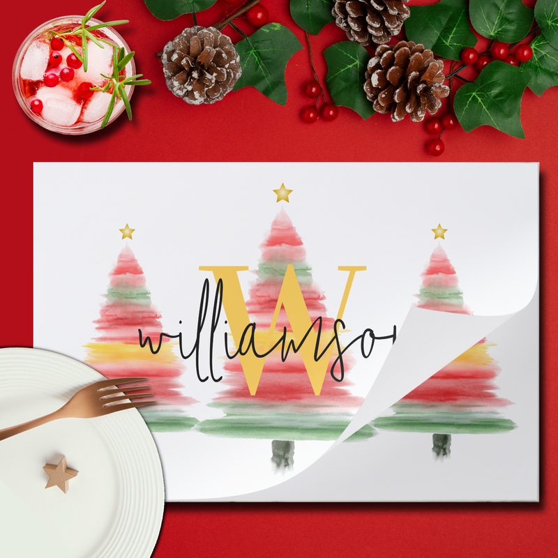 Family Monogram Watercolor Christmas Tree Pad of Paper Placemats