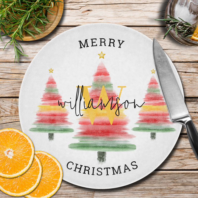 Watercolor Christmas Trees Monogram Glass Round Cutting Board