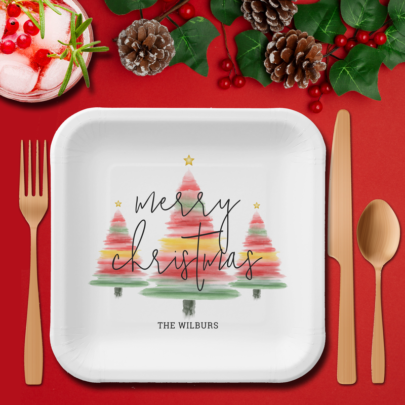 Watercolor Christmas Trees Square Paper Plates