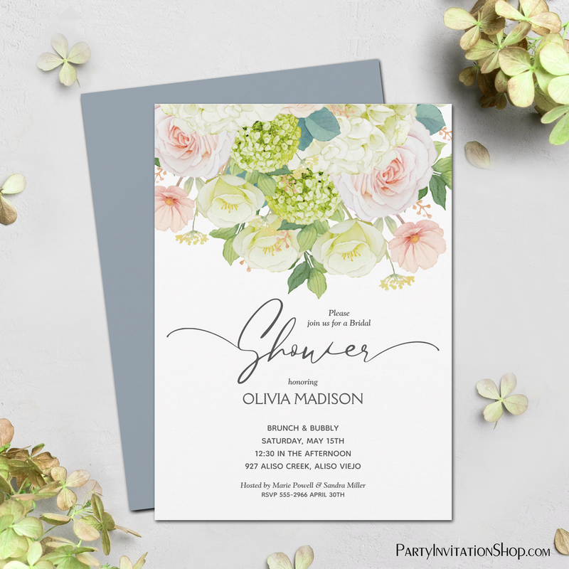 Watercolor Floral Dusty Blue Bridal Shower Invitations