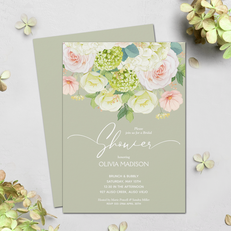Watercolor Floral Sage Green Bridal Shower Invitations