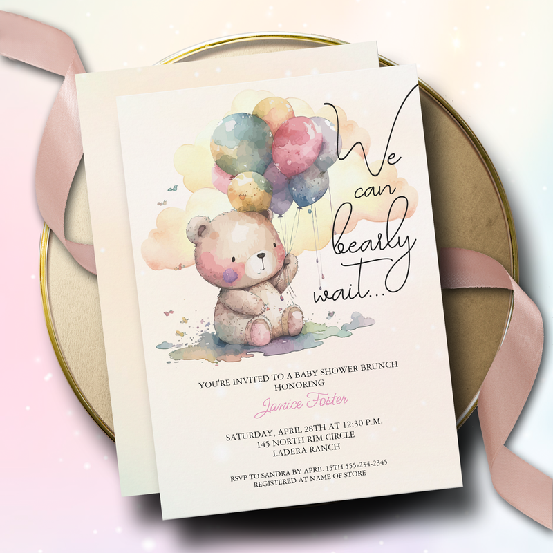 Cute Bearly Wait Girl Baby Shower Invitations
