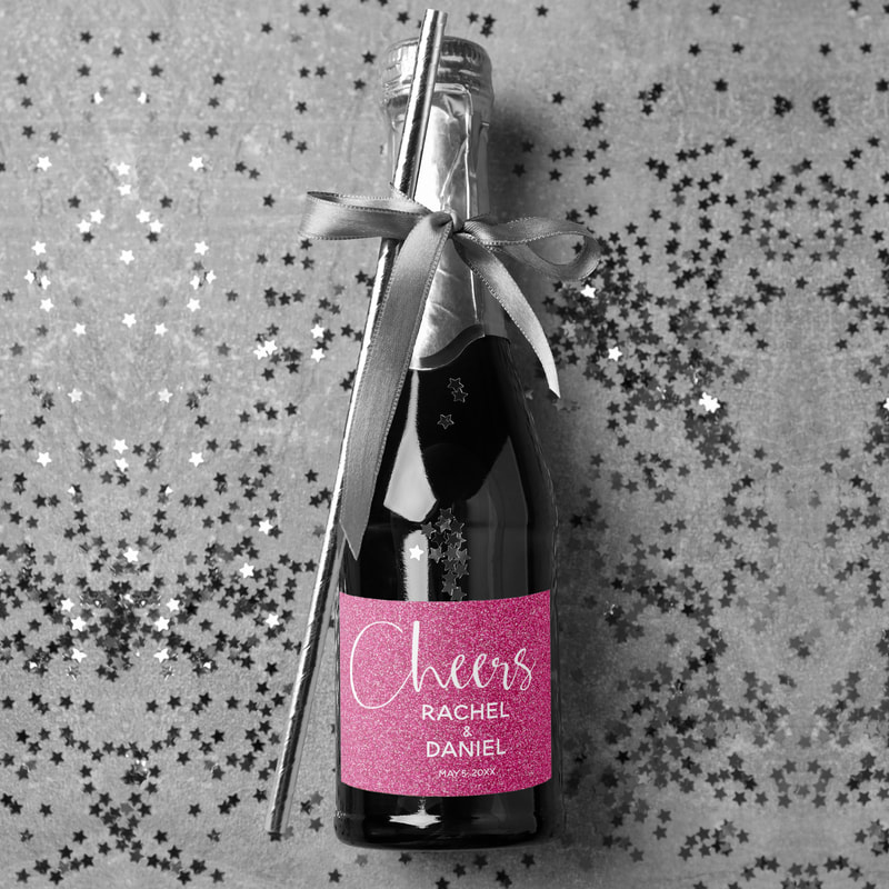 Hot Pink Faux Glitter Wedding Mini Champagne Bottle Labels