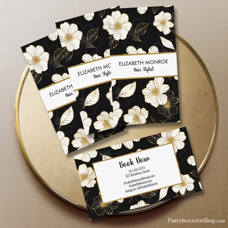 White Gold Flowers Black Salon Hair Stylist Business Cards