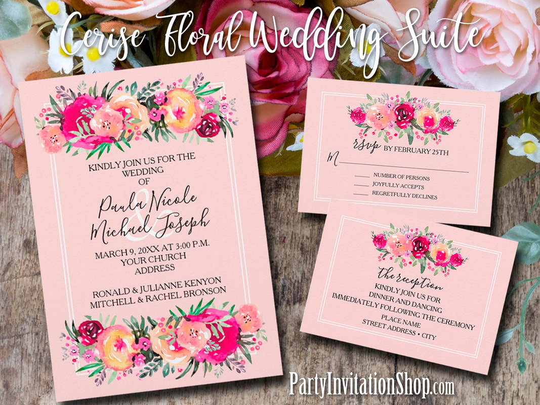 Beautiful watercolor flowers in shades of pale pink, cerise pink to dark pink, plus foliage and buds, create wedding invitations that are perfect for your special day.  PLUS, party favors, plates, napkins, stickers, signage and more. Browse PartyInvitationShop.com