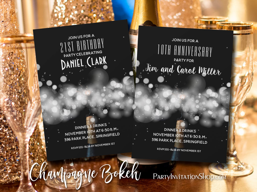 ​A champagne bottle, sparkler and bokeh blurred lights on a black background is a great background for any celebration. PLUS We have matching paper plates, napkins, party favor boxes and more. Browse PartyInvitationShop.com