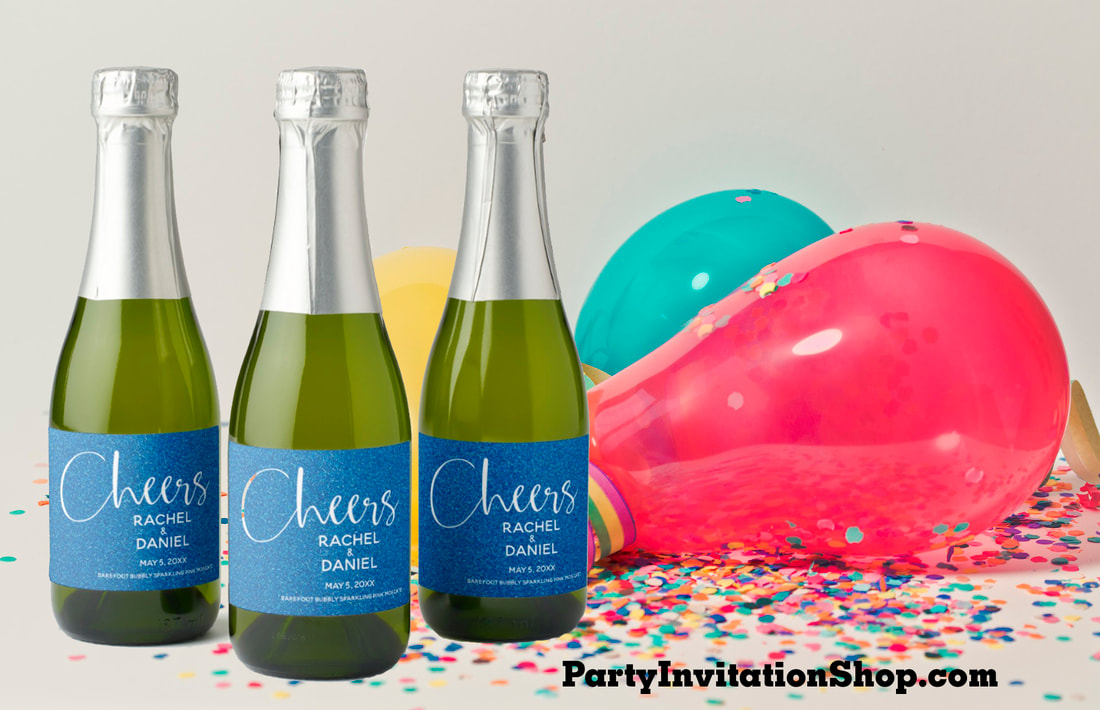 Make your own champagne split favors with these personalized labels featuring simulated black glitter or choose from 10 uploaded glitter colors. Add a personalized touch to your birthday party favors, new year's eve, bachelorette party or bridal shower. Shop PartyInvitationShop.com