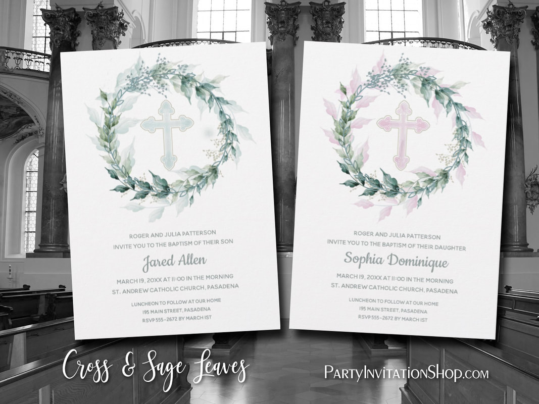 Soft watercolor wreath of sage green leaves, silver-gray flower buds around a blue, pink or sage green cross. Ideal for your child's first communion, baptism, christening or dedication. Matching items, too! PartyInvitationShop.com
