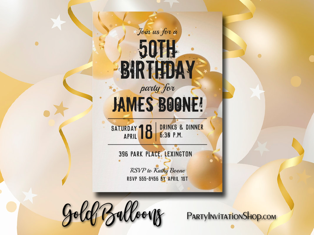 Celebrate your occasion with balloons, confetti and streams in gold and white. Perfect for birthday party, 50 & Fabulous party, wedding anniversary, business anniversary, milestone birthday, new year's eve, even 1st birthdays. MATCHING products too! Browse PartyInvitationShop.com