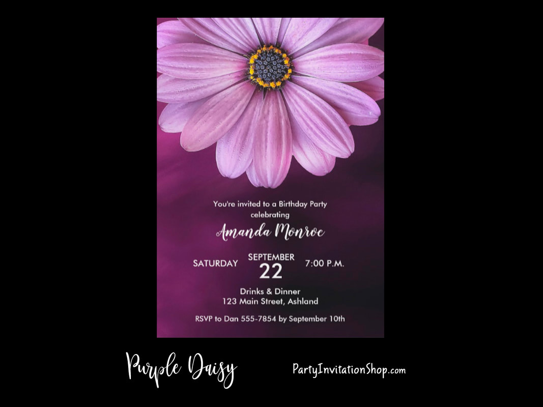 Purple Daisy Invitations for birthday, bridal shower, baptism, christening, first communion, anniversary and more PLUS coordinating party supplies. PartyInvitationShop.com