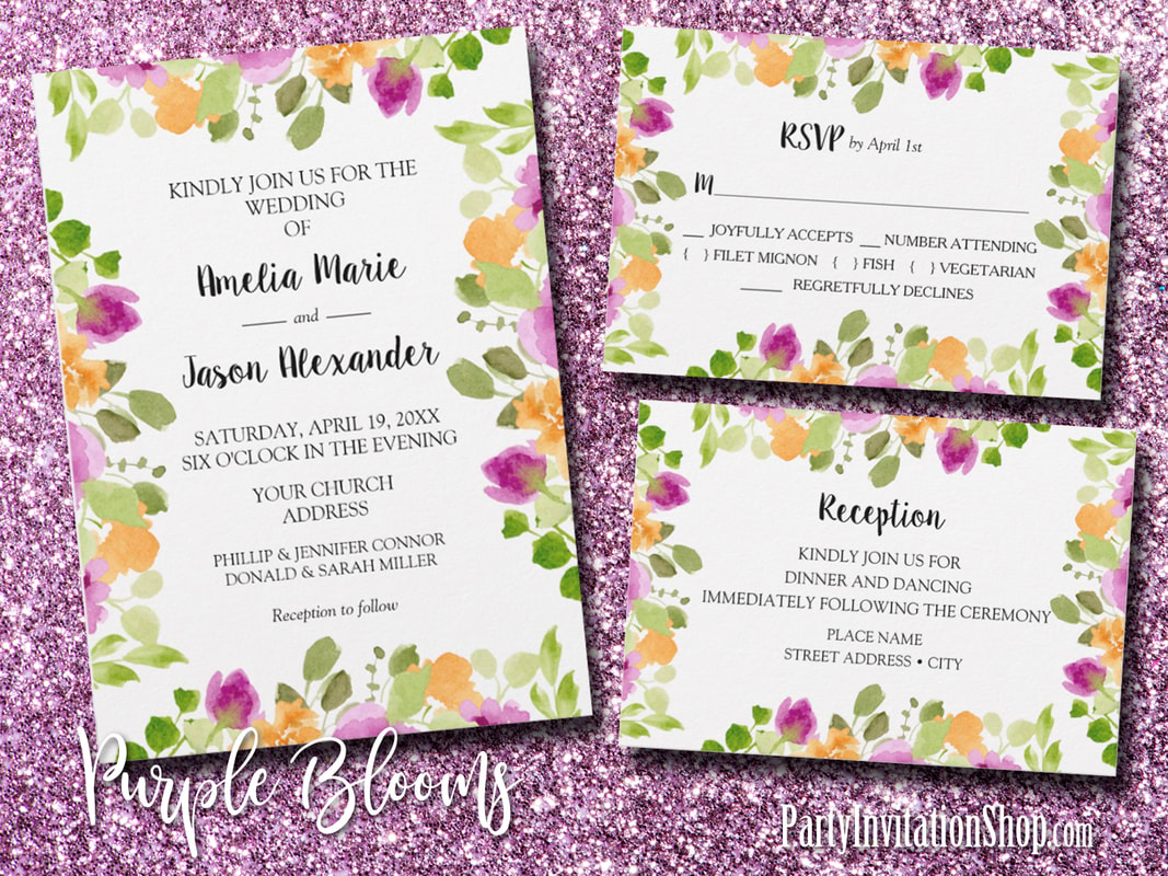 Purple and yellow blossoms surrounded by green foliage, this collection is beautiful for your wedding invitations and includes RSVP cards, reception cards, menu cards, table cards, stickers and more. Also amazing for bridal shower invitations, birthday party invitations with a floral theme. PartyInvitationShop.com