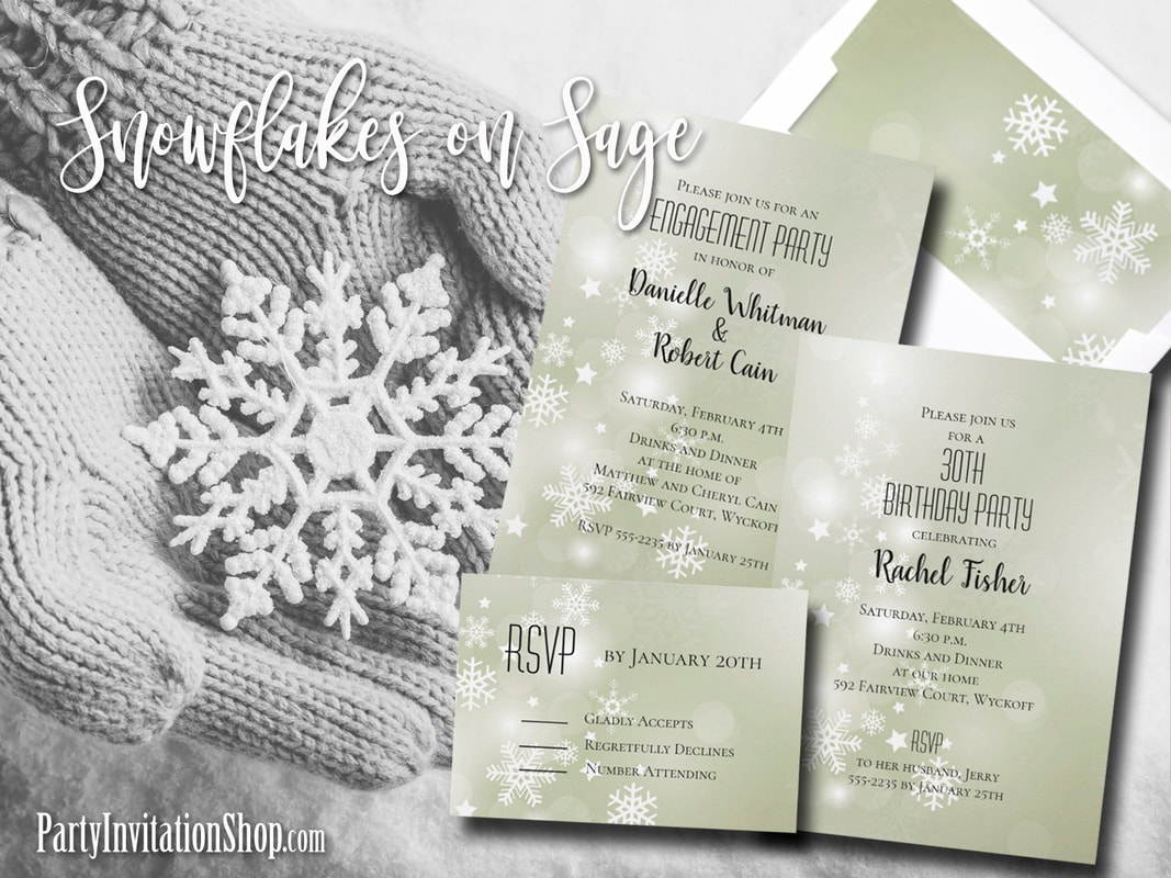 White snowflakes and stars on a beautiful sage green background, this theme is perfect for winter themed engagement party invitations, birthday invitations and more, just change the wording to fit your occasion. Shop PartyInvitationShop.com to see our entire collection.