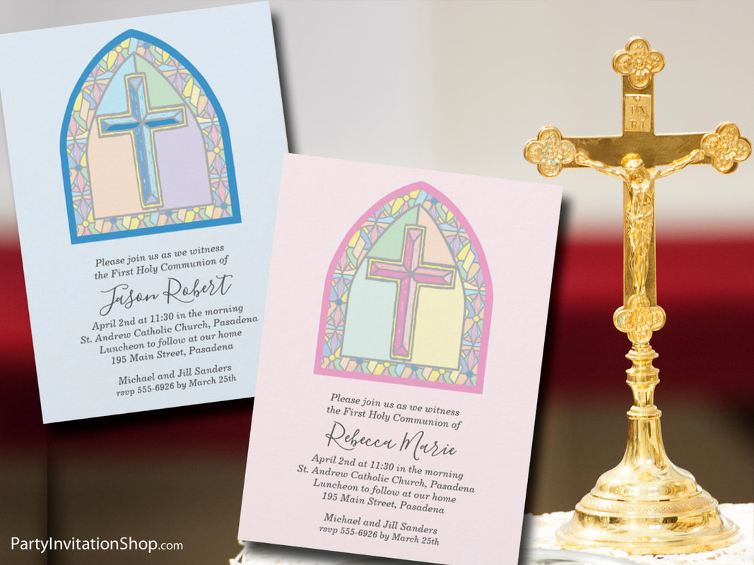 A stained glass window with a cross in pink or blue, is perfect for your child's First Communion, Baptism, Christening, Dedication or any religious occasion. See the entire collection at PartyInvitationShop.com