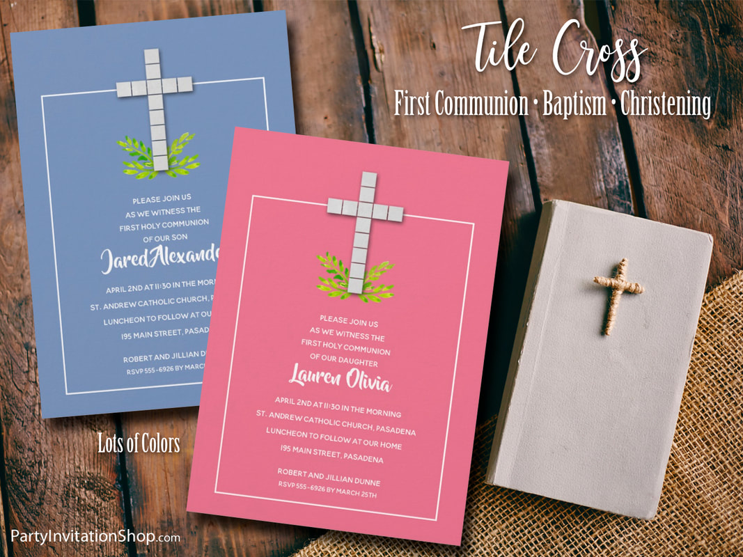 A cross on greenery, on any color background, perfect for First Communion, Baptism, Christening or any religious special occasion: We've created baby blue, baby pink, dusty rose, peach, purple, lavender, green, mint green, hot pink and dark blue. PartyInvitationShop.com