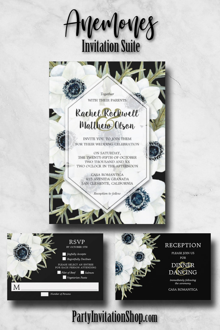 Black and White Anemones Collection - invitations, RSVP cards, reception cards,  table number cards, menu cards, thank you cards, party favors and more. See the entire collection at PartyInvitationShop.com