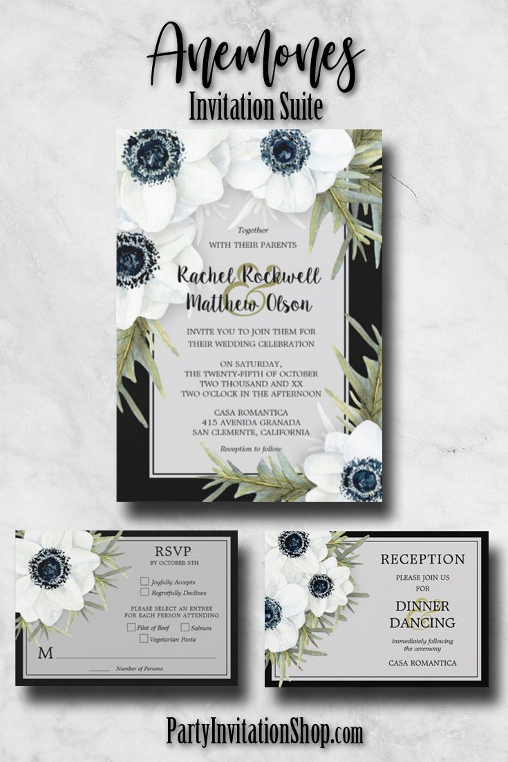 Black and White Anemones Collection - invitations, RSVP cards, reception cards,  table number cards, menu cards, thank you cards, party favors and more. See the entire collection at PartyInvitationShop.com