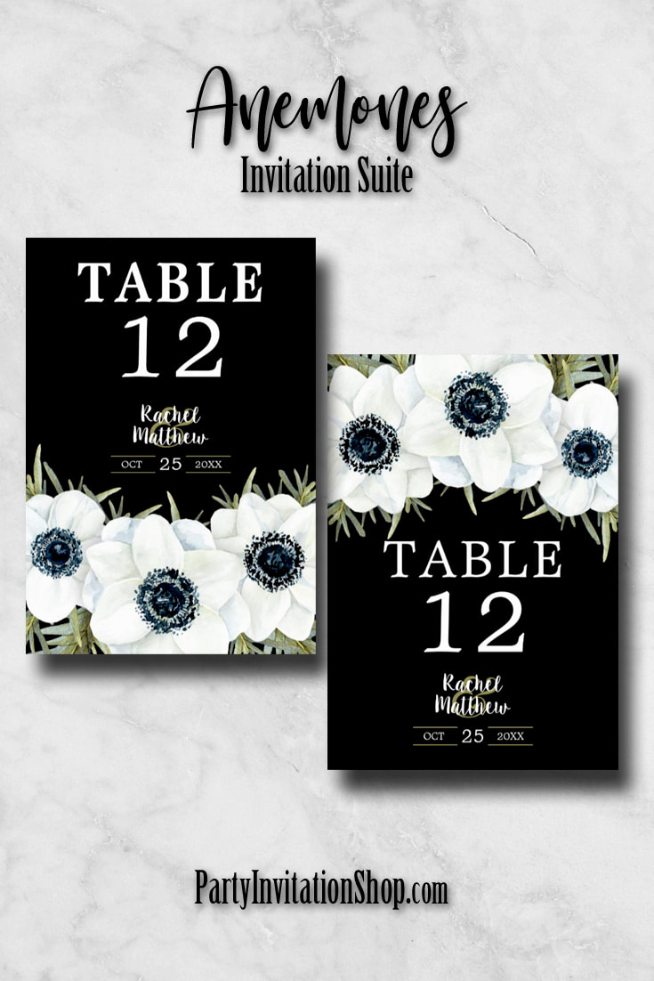 Black and White Anemones Collection - wedding invitations, RSVP cards, reception cards,  table number cards, menu cards, thank you cards, party favors and more. See the entire collection at PartyInvitationShop.com