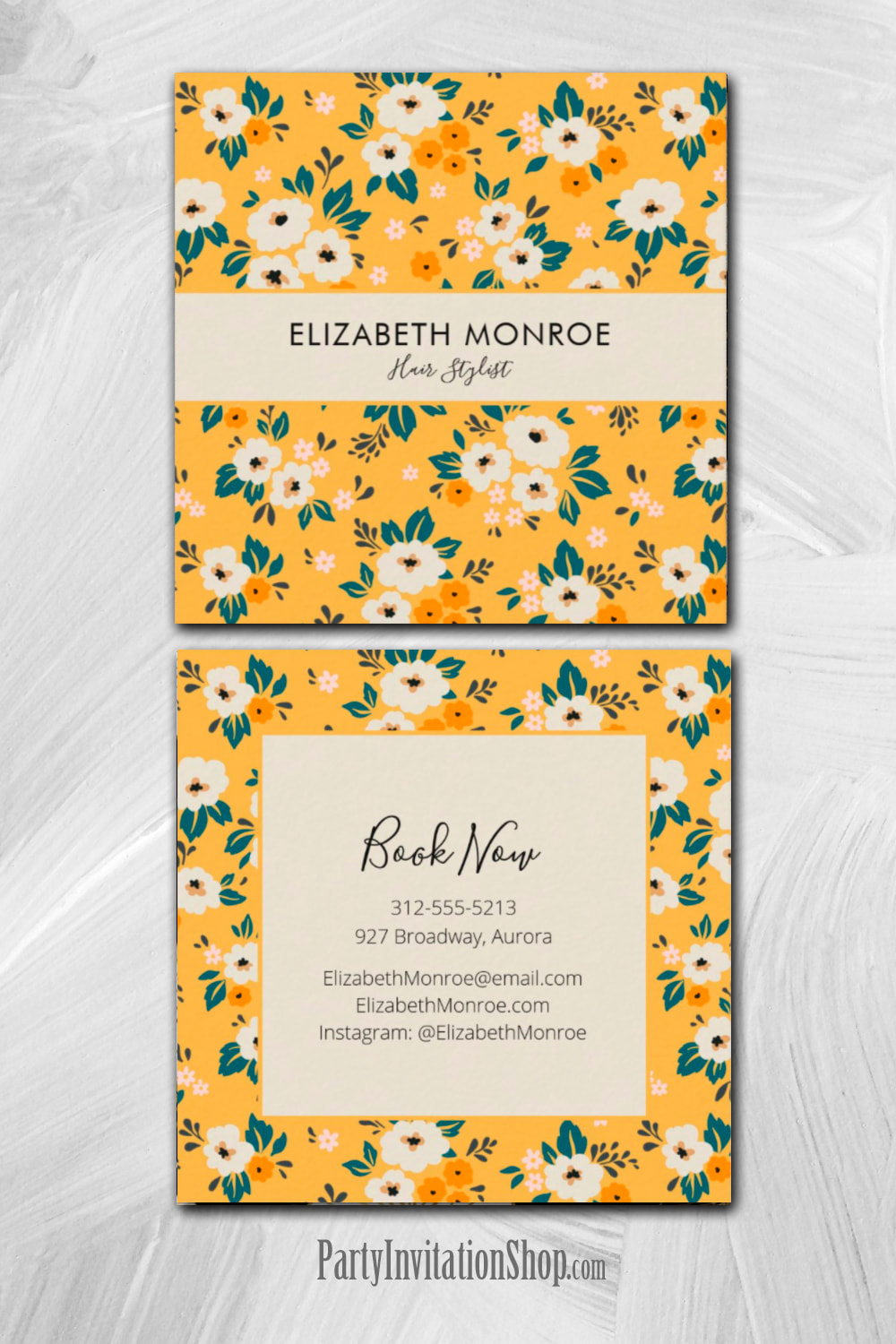 Floral Square Business Cards Hair Stylist, Makeup Artist