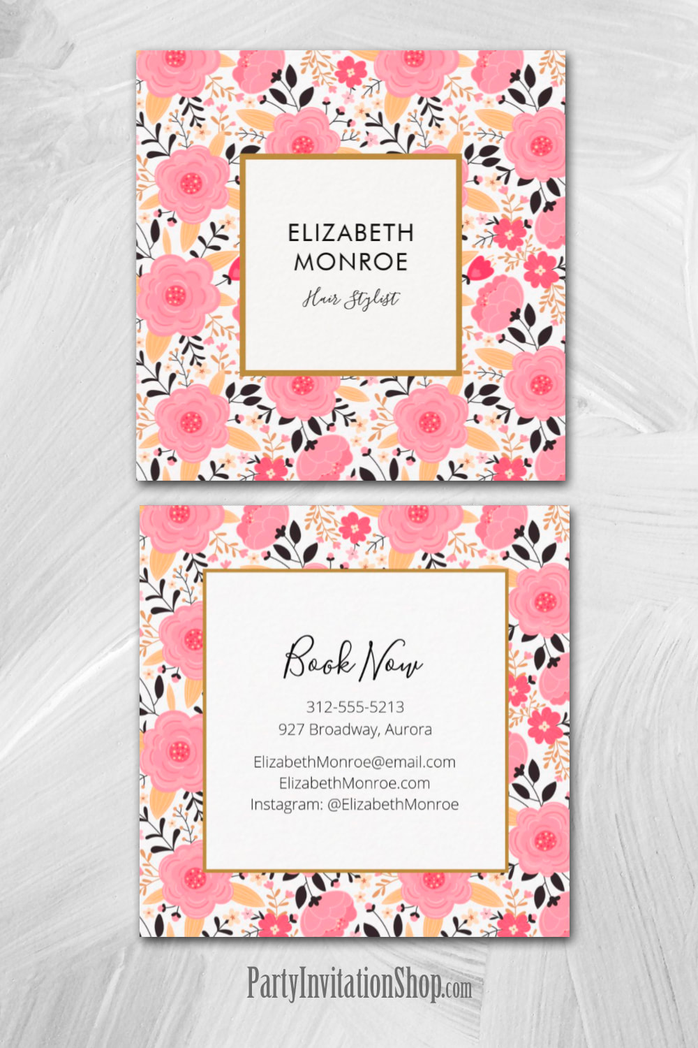 Floral Square Business Cards Hair Stylist, Makeup Artist