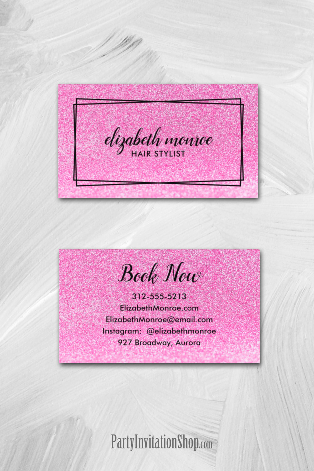 Pink Faux Glitter Hairstylist Makeup Salon Script Business Cards