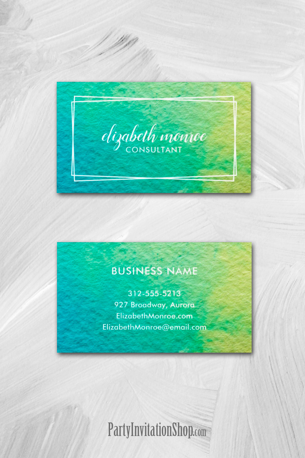 Minimalist Blue Green Abstract Watercolor Script Business Cards