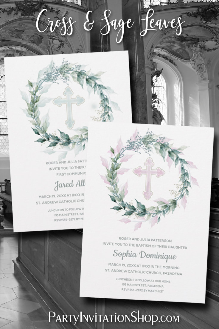 Cross and Sage Wreath for First Communion, Baptism, Christening at PartyInvitationShop.com