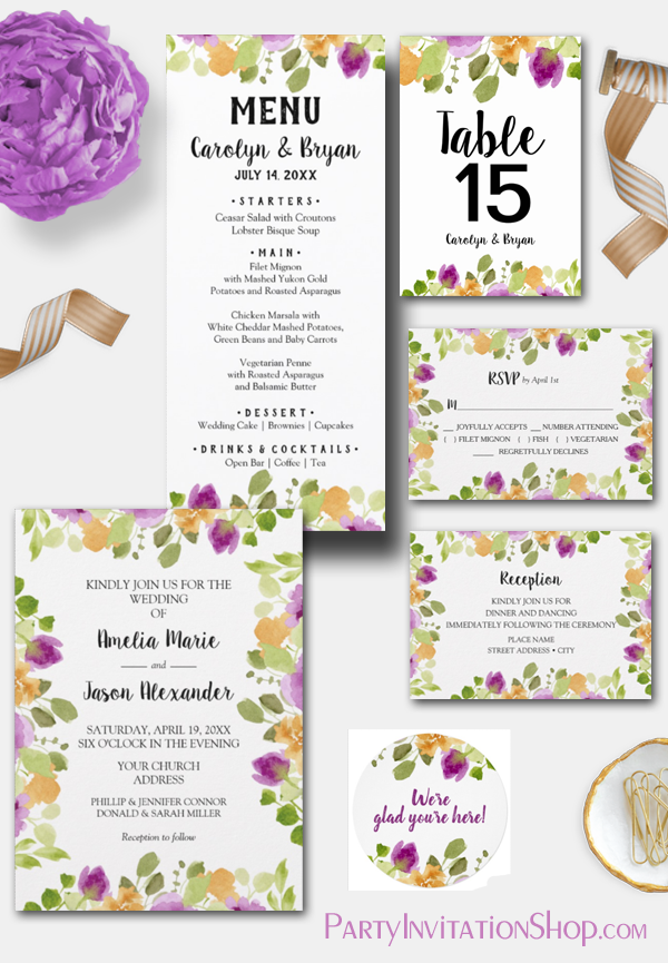 Purple Watercolor Flowers Wedding Invitation Suite - See the entire collection at PartyInvitationShop.com