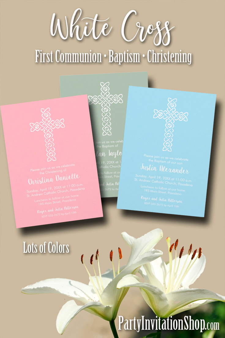 White Cross on lots of background colors - pinks, blues, greens, peach, lavender, silver, gold for First Communion, Baptism, Christening at PartyInvitationShop.com