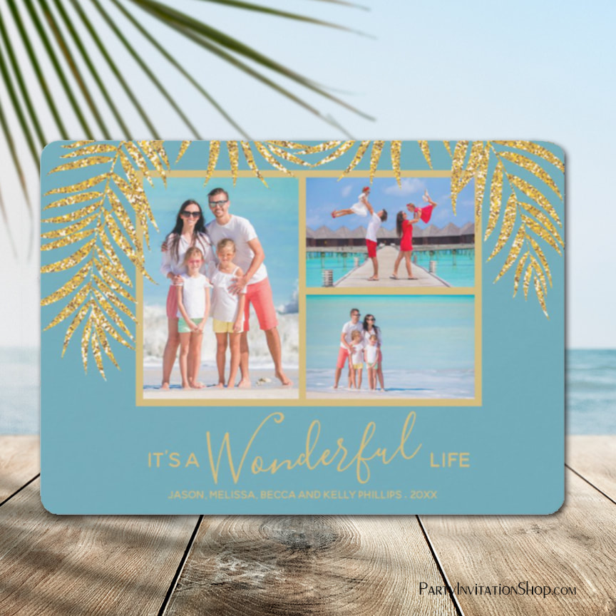Gold Palms Photo Collage Christmas Holiday Card
