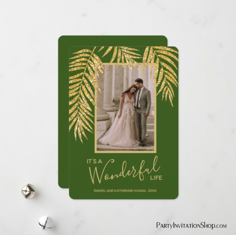 Gold Glitter Palm Fronds on Dark GreenChristmas Photo Holiday Cards