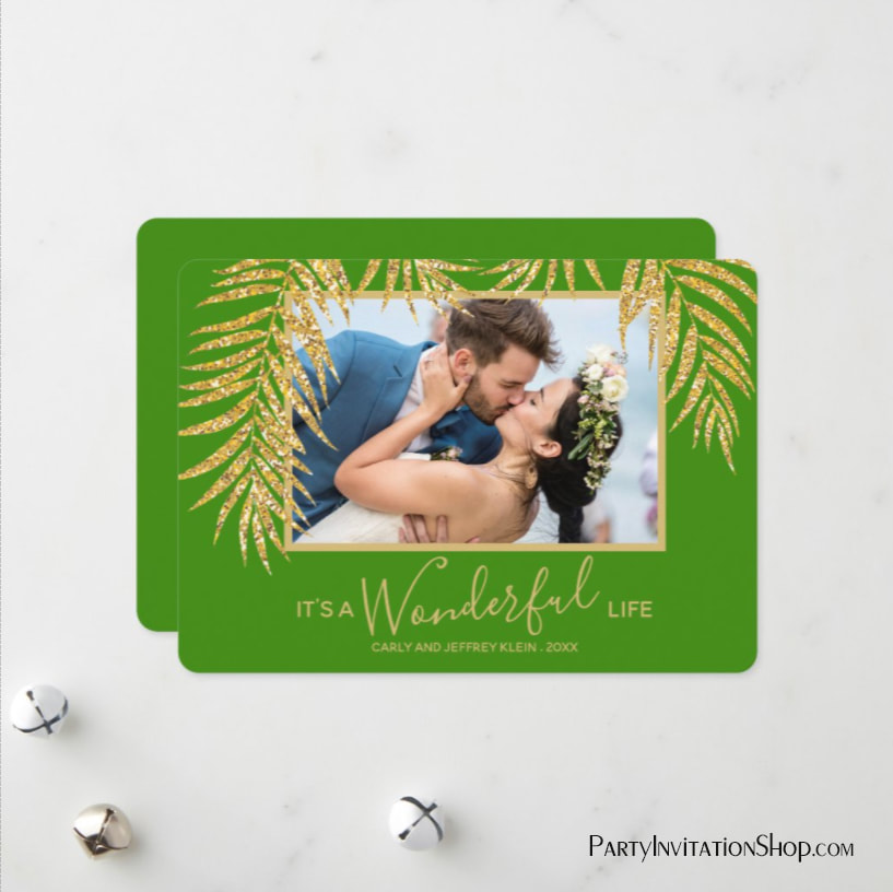 Gold Glitter Palm Fronds on Green Christmas Photo Holiday Cards