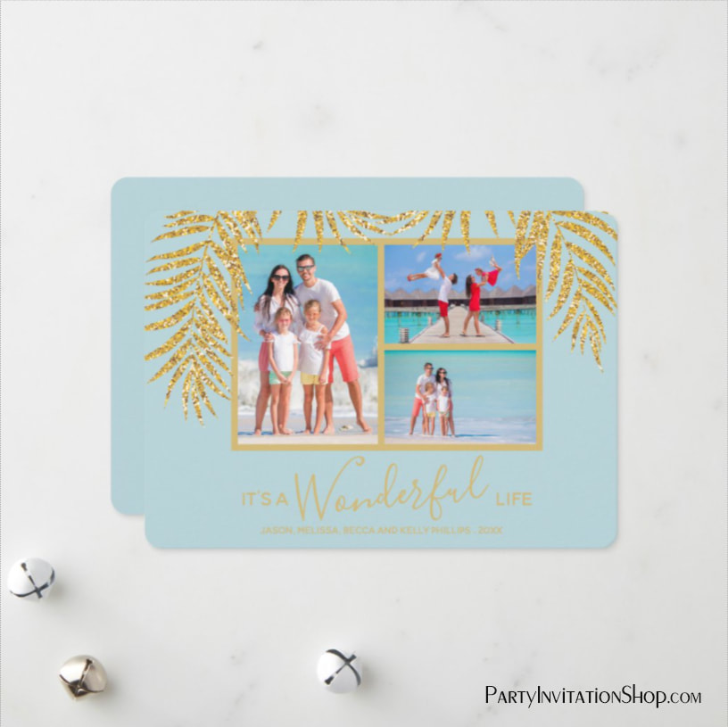 Gold Glitter Palm Fronds on Sky Blue Christmas Photo Holiday Cards