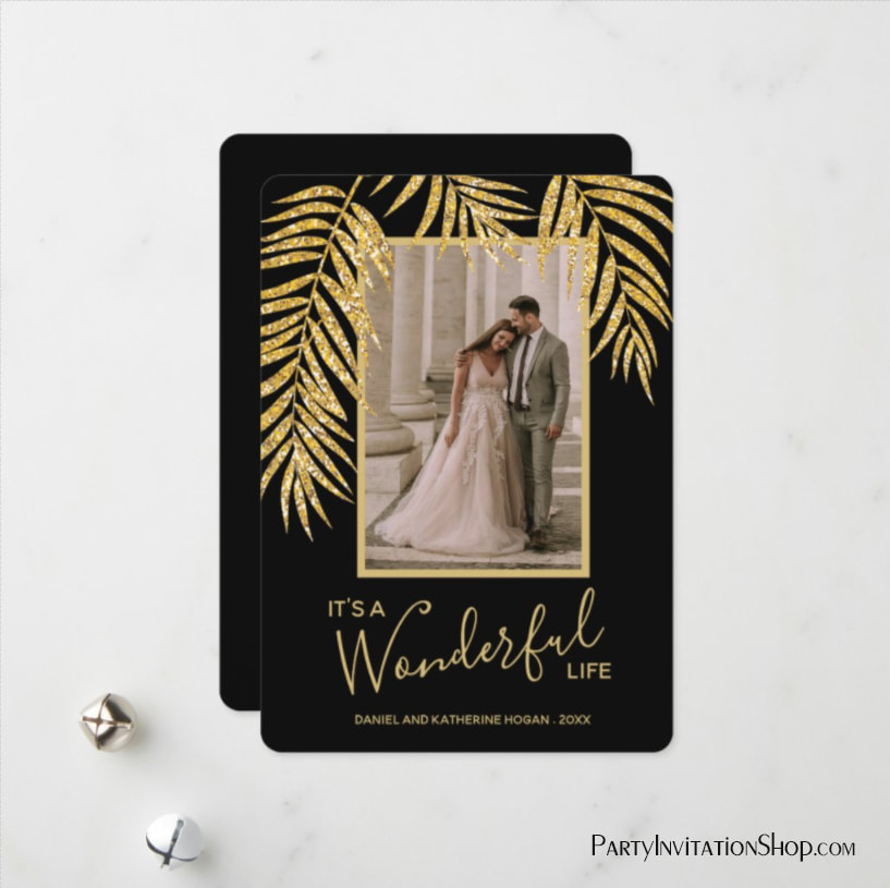 Gold Glitter Palm Fronds on Black Christmas Photo Holiday Cards