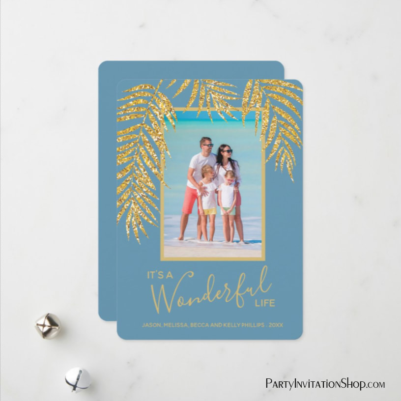 Gold Glitter Palm Fronds on Blue Christmas Photo Holiday Cards