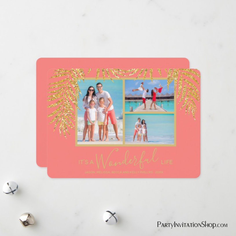 Gold Glitter Palm Fronds on Coral Christmas Photo Holiday Cards